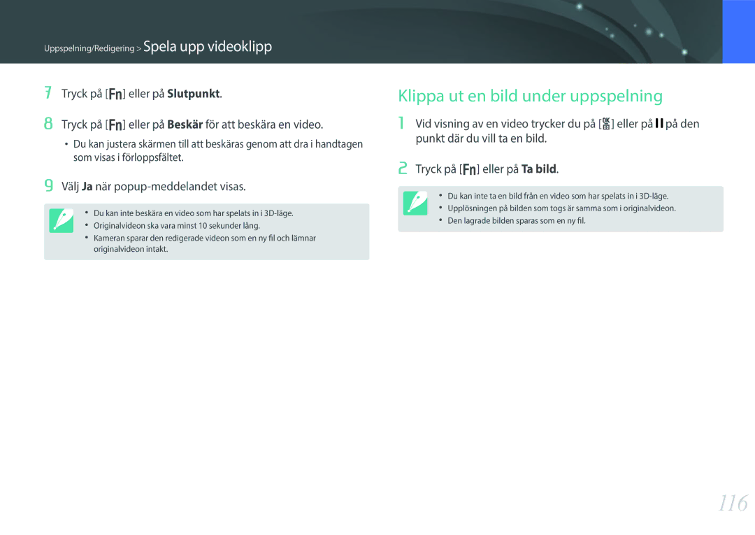 Samsung EV-NX300MBSVSE, EV-NX300MBSTSE, EV-NX300MBQUSE manual 116, Klippa ut en bild under uppspelning 