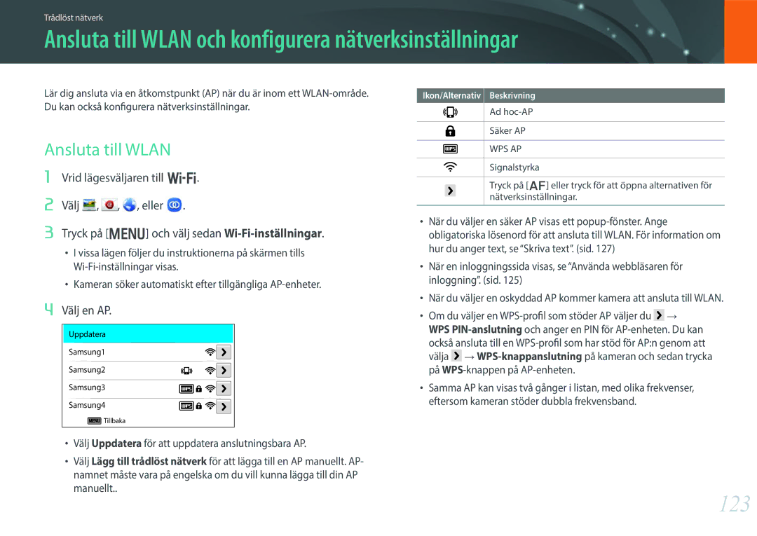 Samsung EV-NX300MBSTSE manual Ansluta till Wlan och konfigurera nätverksinställningar, 123, Välj en AP, Ad hoc-AP Säker AP 