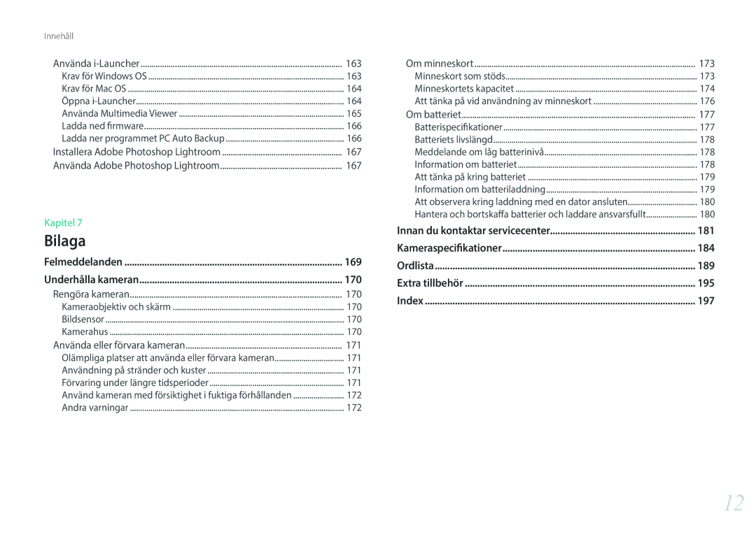 Samsung EV-NX300MBSTSE, EV-NX300MBSVSE, EV-NX300MBQUSE manual 169, 170, 181, 184, 189, 195, 197 