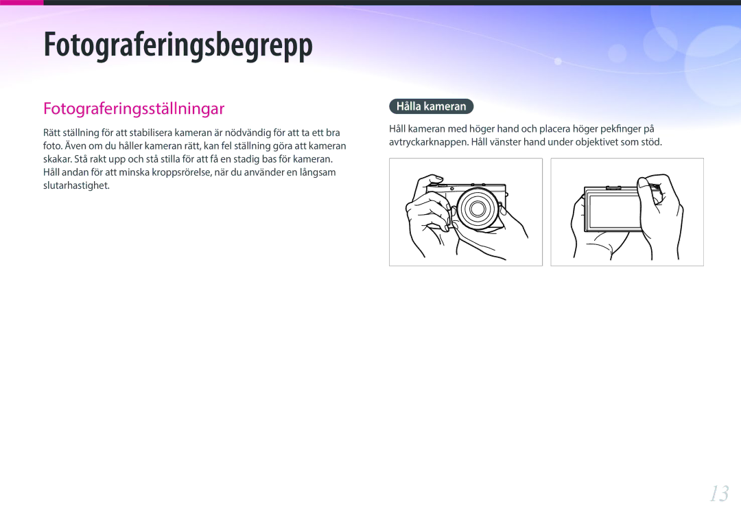 Samsung EV-NX300MBQUSE, EV-NX300MBSVSE, EV-NX300MBSTSE manual Fotograferingsbegrepp, Hålla kameran 