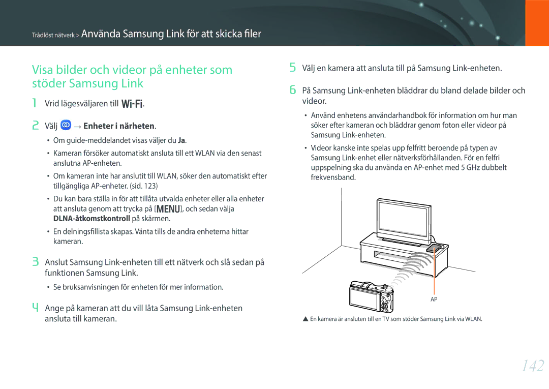 Samsung EV-NX300MBQUSE, EV-NX300MBSVSE, EV-NX300MBSTSE manual 142, Visa bilder och videor på enheter som stöder Samsung Link 