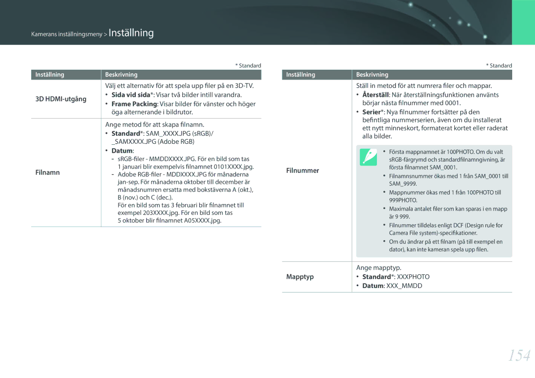 Samsung EV-NX300MBQUSE, EV-NX300MBSVSE, EV-NX300MBSTSE manual 154, 3D HDMI-utgång, Filnamn, Filnummer, Mapptyp 