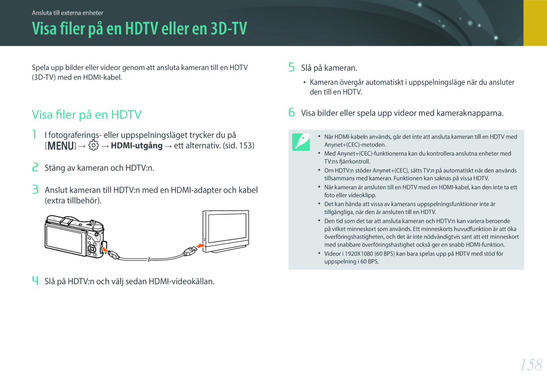 Samsung EV-NX300MBSVSE, EV-NX300MBSTSE 158, Visa filer på en Hdtv, Visa bilder eller spela upp videor med kameraknapparna 