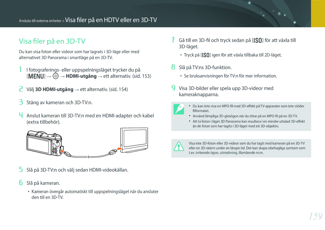 Samsung EV-NX300MBSTSE, EV-NX300MBSVSE, EV-NX300MBQUSE manual 159, Visa filer på en 3D-TV, Slå på TVns 3D-funktion 