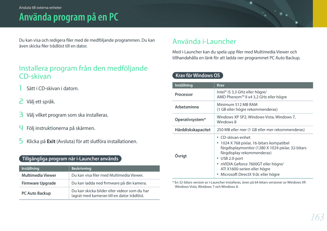 Samsung EV-NX300MBQUSE, EV-NX300MBSVSE Använda program på en PC, 163, Installera program från den medföljande CD-skivan 