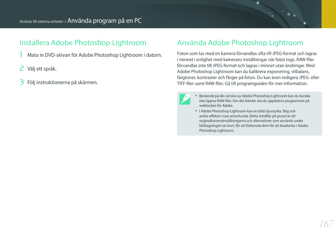 Samsung EV-NX300MBSVSE, EV-NX300MBSTSE manual 167, Installera Adobe Photoshop Lightroom, Använda Adobe Photoshop Lightroom 