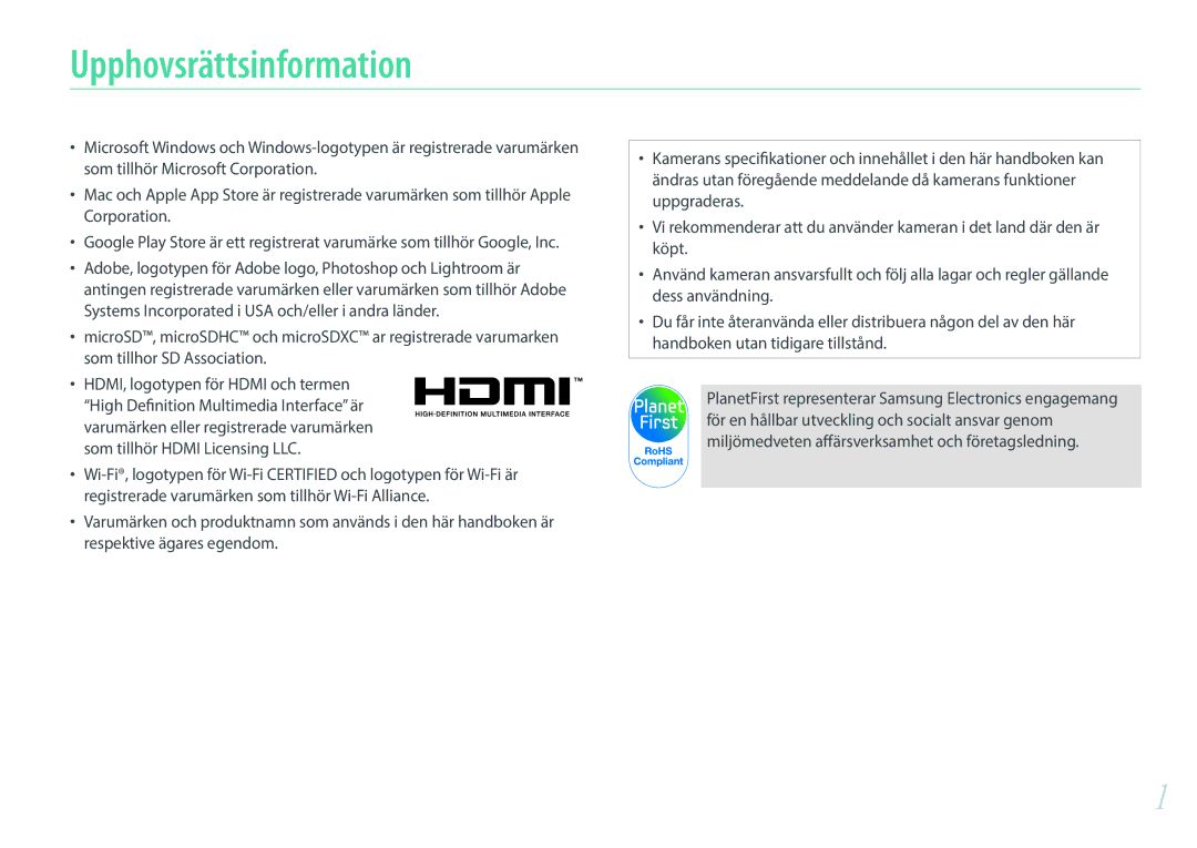 Samsung EV-NX300MBQUSE, EV-NX300MBSVSE, EV-NX300MBSTSE manual Upphovsrättsinformation 