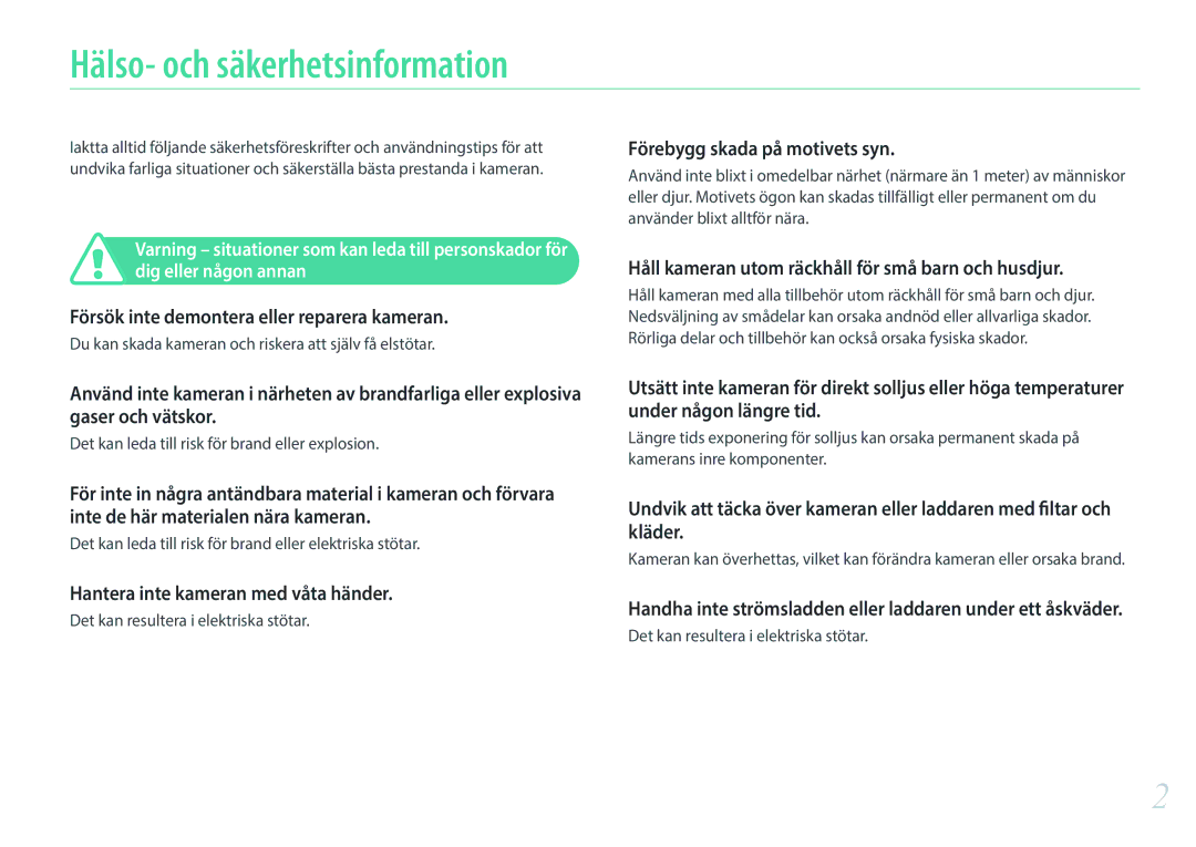 Samsung EV-NX300MBSVSE, EV-NX300MBSTSE manual Hälso- och säkerhetsinformation, Försök inte demontera eller reparera kameran 