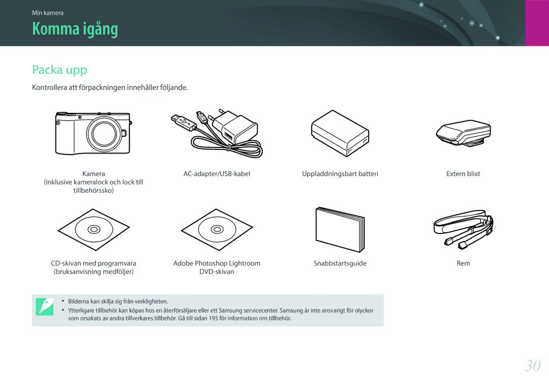 Samsung EV-NX300MBSTSE manual Komma igång, Packa upp, Kontrollera att förpackningen innehåller följande, Snabbstartsguide 