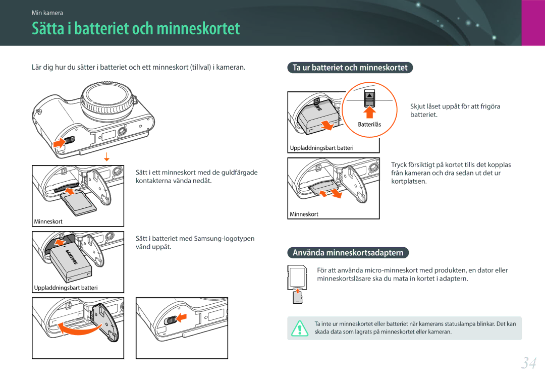 Samsung EV-NX300MBQUSE, EV-NX300MBSVSE, EV-NX300MBSTSE manual Sätta i batteriet och minneskortet, Använda minneskortsadaptern 