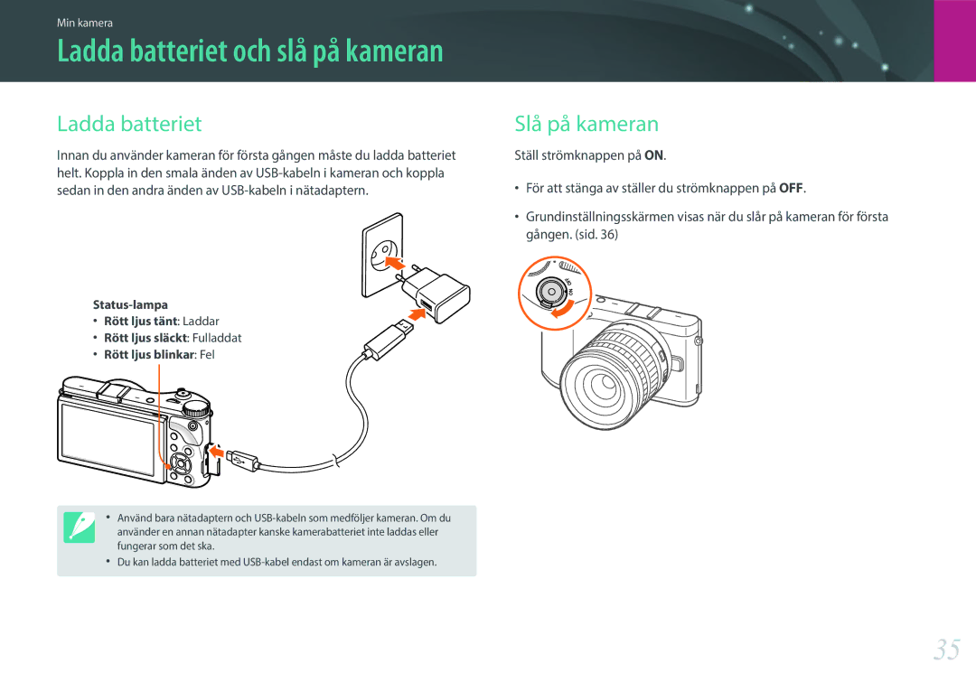 Samsung EV-NX300MBSVSE, EV-NX300MBSTSE, EV-NX300MBQUSE manual Ladda batteriet, Slå på kameran 