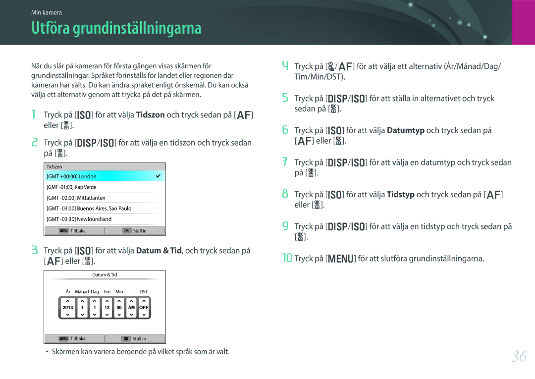 Samsung EV-NX300MBSTSE, EV-NX300MBSVSE, EV-NX300MBQUSE manual Utföra grundinställningarna 