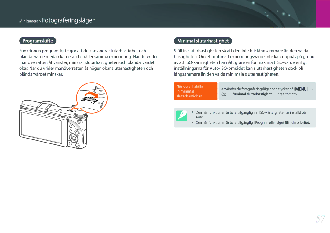 Samsung EV-NX300MBSTSE, EV-NX300MBSVSE, EV-NX300MBQUSE manual Programskifte, Minimal slutarhastighet 