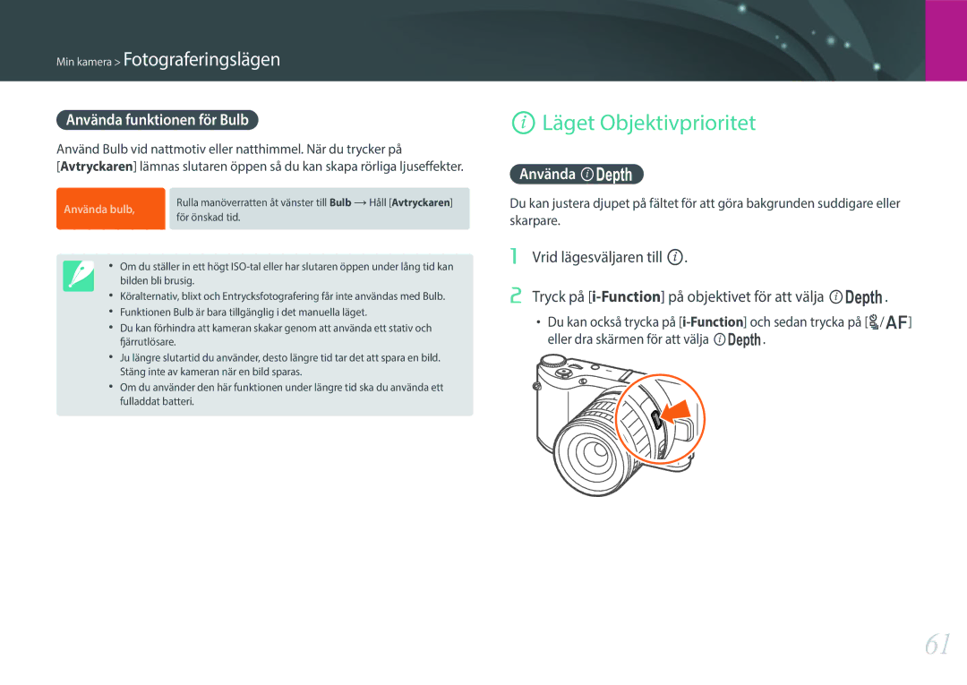 Samsung EV-NX300MBQUSE, EV-NX300MBSVSE, EV-NX300MBSTSE manual Läget Objektivprioritet, Använda funktionen för Bulb, Använda E 