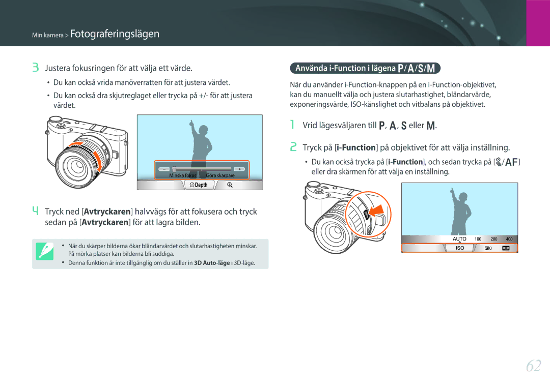 Samsung EV-NX300MBSVSE, EV-NX300MBSTSE Justera fokusringen för att välja ett värde, Använda i-Function i lägena P/A/S/M 