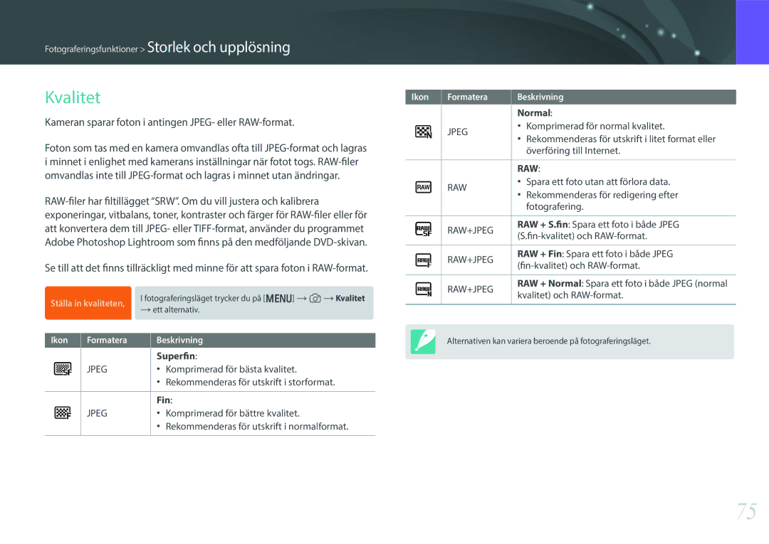 Samsung EV-NX300MBSTSE manual Kvalitet, Kameran sparar foton i antingen JPEG- eller RAW-format, Superfin, Fin, Normal 