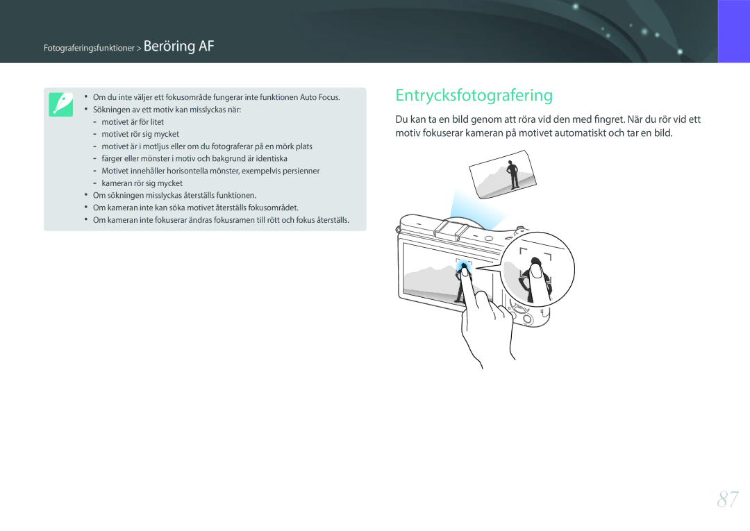 Samsung EV-NX300MBSTSE, EV-NX300MBSVSE, EV-NX300MBQUSE manual Entrycksfotografering, Fotograferingsfunktioner Beröring AF 