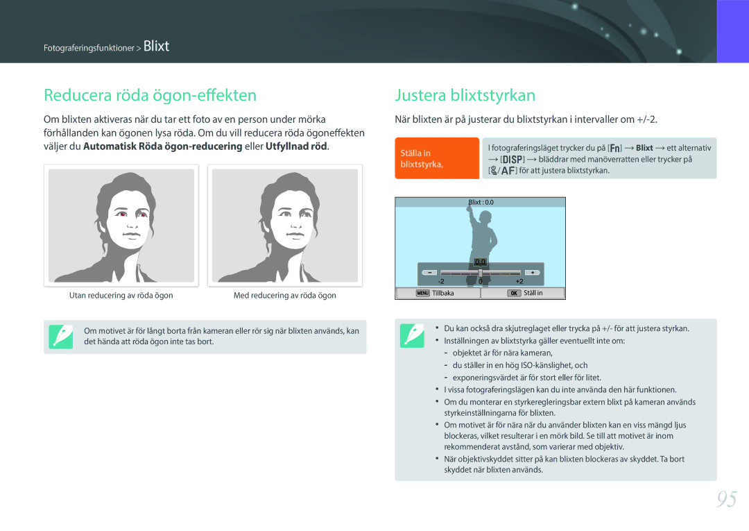 Samsung EV-NX300MBSVSE, EV-NX300MBSTSE, EV-NX300MBQUSE manual Reducera röda ögon-effekten, Justera blixtstyrkan 