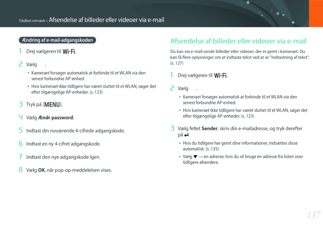 Samsung EV-NX300ZBQUSE manual 137, Afsendelse af billeder eller videoer via e-mail, Ændring af e-mail-adgangskoden 