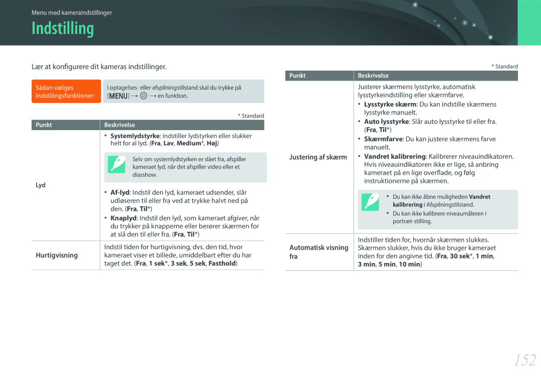 Samsung EV-NX300ZBAVSE, EV-NX300ZBFUDK, EV-NX300ZBAVDK manual Indstilling, 152, Lær at konfigurere dit kameras indstillinger 