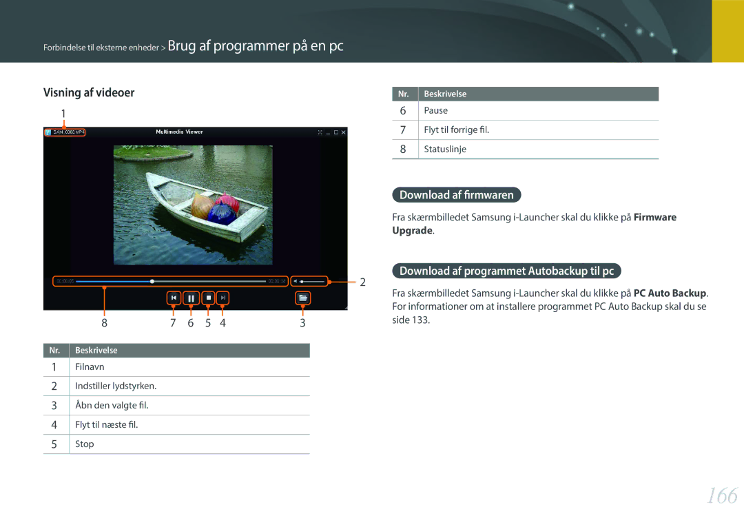 Samsung EV-NX300ZBSVSE manual 166, Visning af videoer, Download af firmwaren, Side, Pause Flyt til forrige fil Statuslinje 