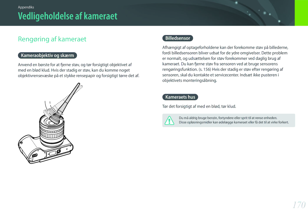 Samsung EV-NX300ZBQUDK, EV-NX300ZBFUDK, EV-NX300ZBAVDK manual Vedligeholdelse af kameraet, 170, Rengøring af kameraet 
