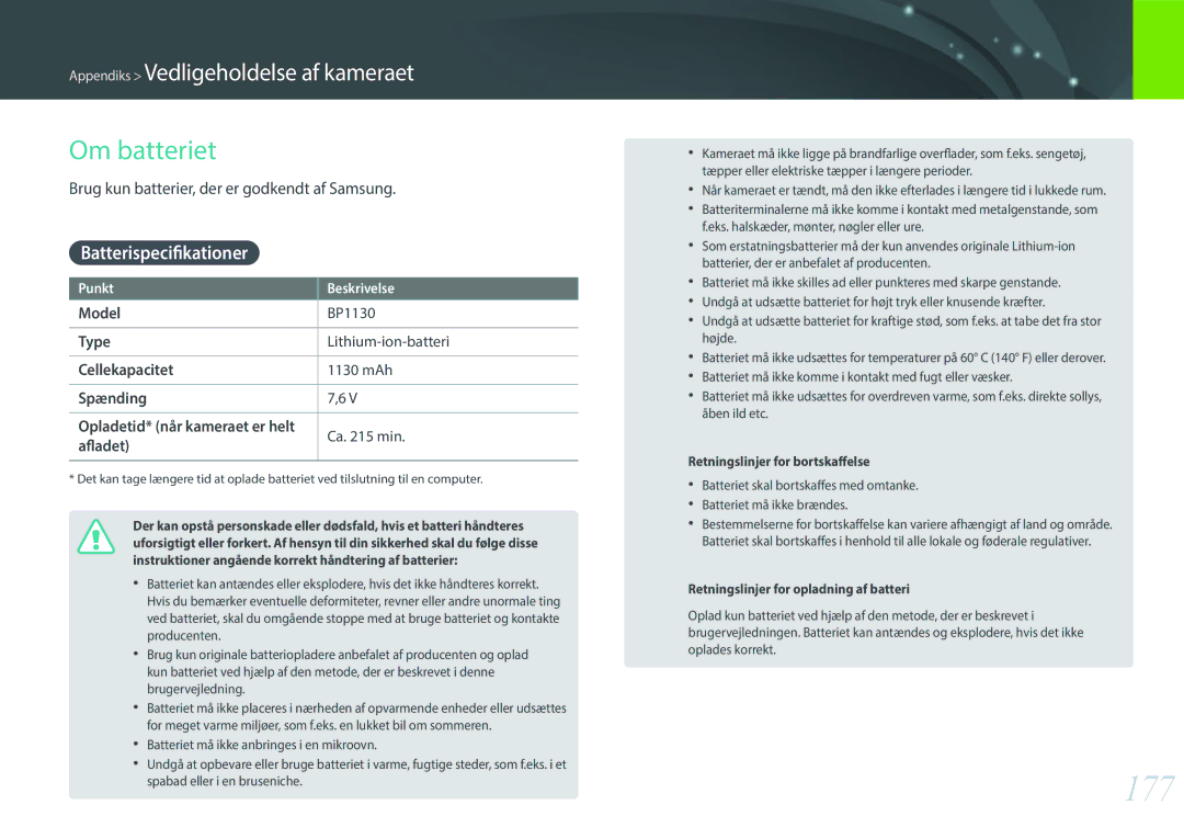 Samsung EV-NX300ZBSTSE manual 177, Om batteriet, Batterispecifikationer, Brug kun batterier, der er godkendt af Samsung 