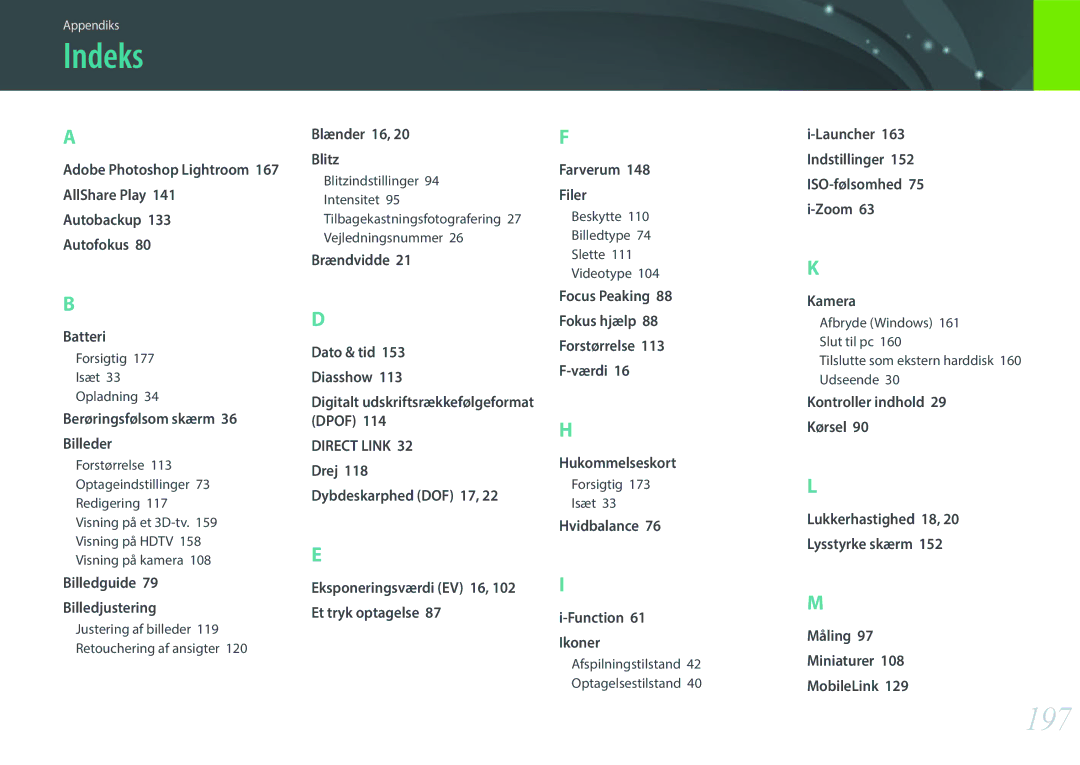 Samsung EV-NX300ZBQUSE manual Indeks, 197, Adobe Photoshop Lightroom, Eksponeringsværdi EV 16, 102 Et tryk optagelse 