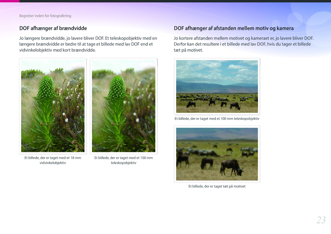 Samsung EV-NX300ZBFUDK, EV-NX300ZBAVDK manual DOF afhænger af brændvidde, DOF afhænger af afstanden mellem motiv og kamera 