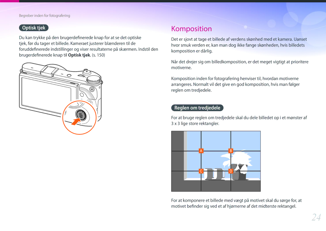 Samsung EV-NX300ZBAVDK, EV-NX300ZBFUDK, EV-NX300ZBATDK, EV-NX300ZBQUDK, EV-NX300ZBSTDK manual Optisk tjek, Reglen om tredjedele 