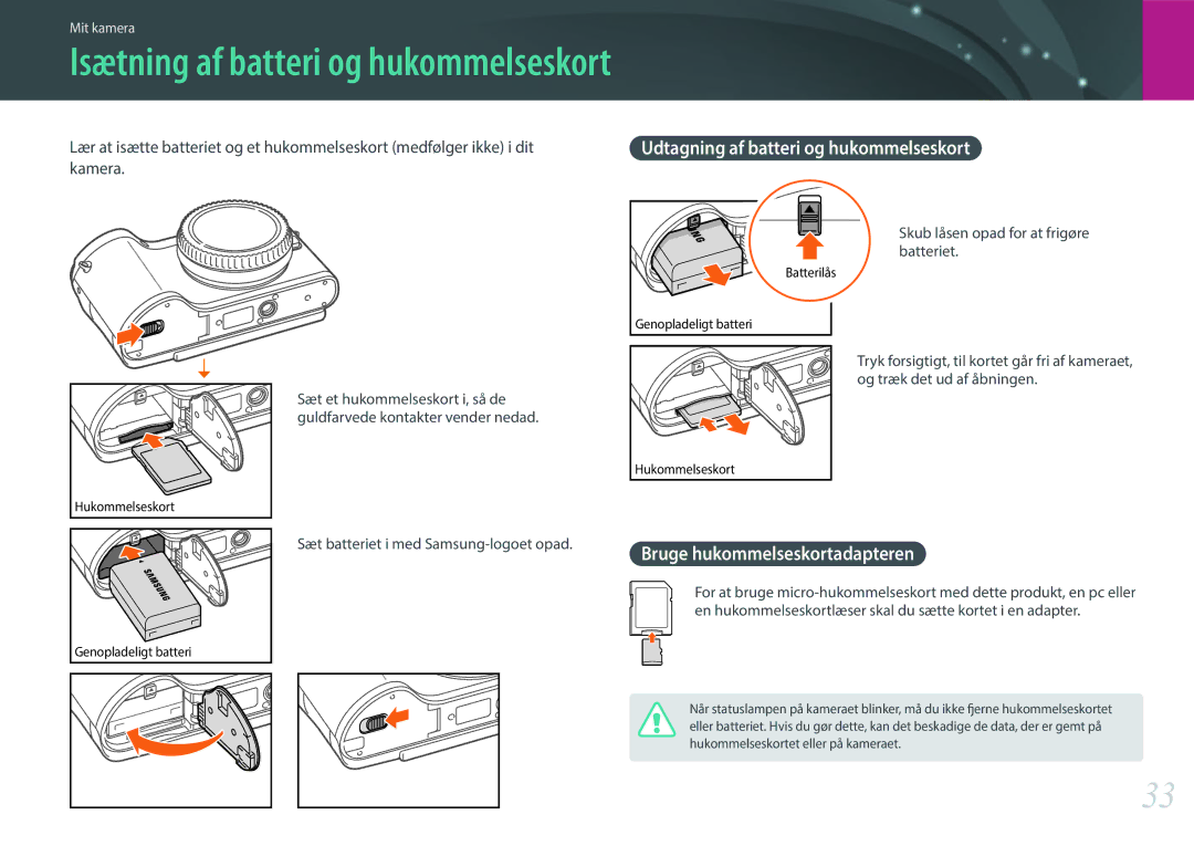 Samsung EV-NX300ZBSTSE, EV-NX300ZBFUDK manual Isætning af batteri og hukommelseskort, Bruge hukommelseskortadapteren, Kamera 