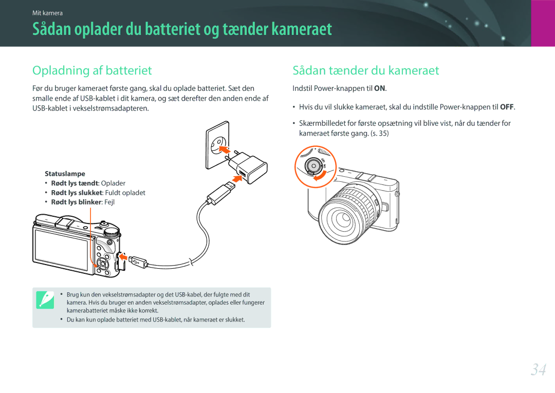 Samsung EV-NX300ZBSVSE Sådan oplader du batteriet og tænder kameraet, Opladning af batteriet, Sådan tænder du kameraet 