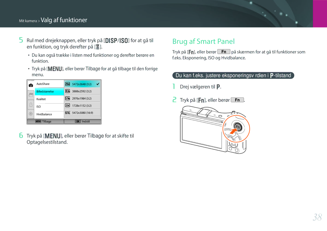 Samsung EV-NX300ZBQUDK, EV-NX300ZBFUDK manual Brug af Smart Panel, Du kan f.eks. justere eksponeringsværdien i P-tilstand 