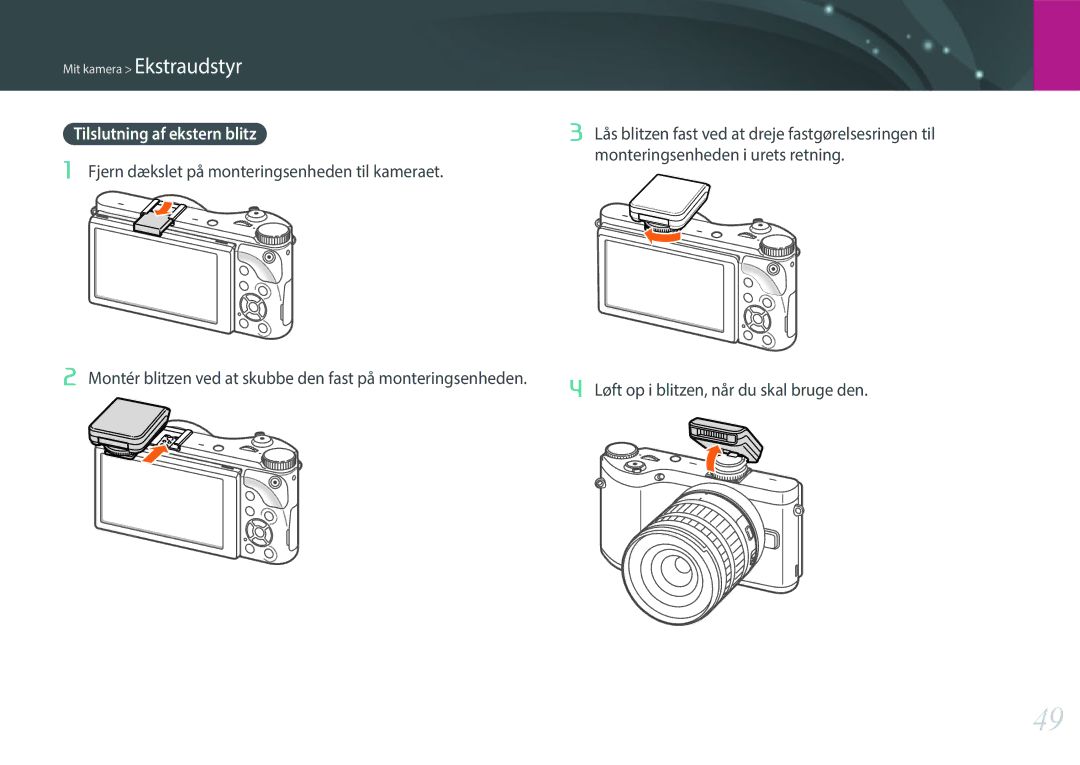 Samsung EV-NX300ZBATDK, EV-NX300ZBFUDK, EV-NX300ZBAVDK, EV-NX300ZBQUDK, EV-NX300ZBSTDK manual Monteringsenheden i urets retning 