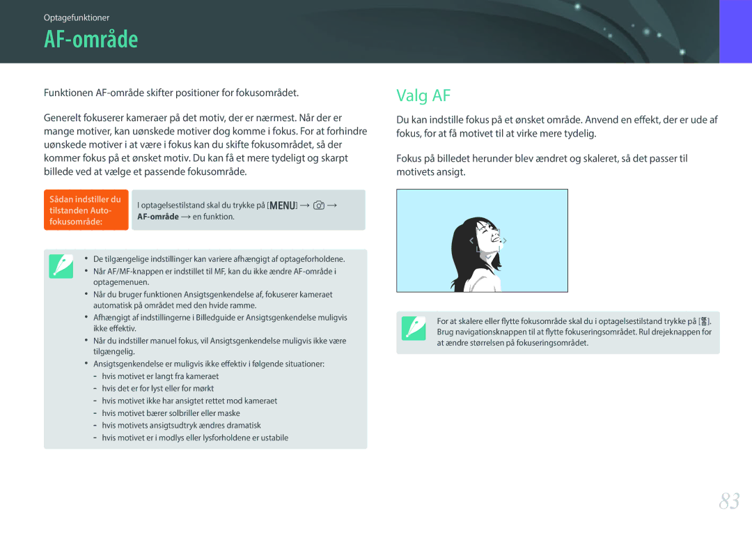Samsung EV-NX300ZBFUDK, EV-NX300ZBAVDK manual Valg AF, Funktionen AF-område skifter positioner for fokusområdet 