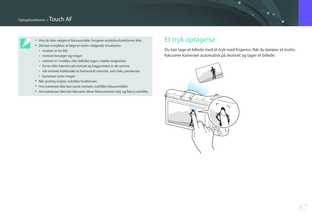 Samsung EV-NX300ZBSTDK, EV-NX300ZBFUDK, EV-NX300ZBAVDK, EV-NX300ZBATDK manual Et tryk optagelse, Optagefunktioner Touch AF 