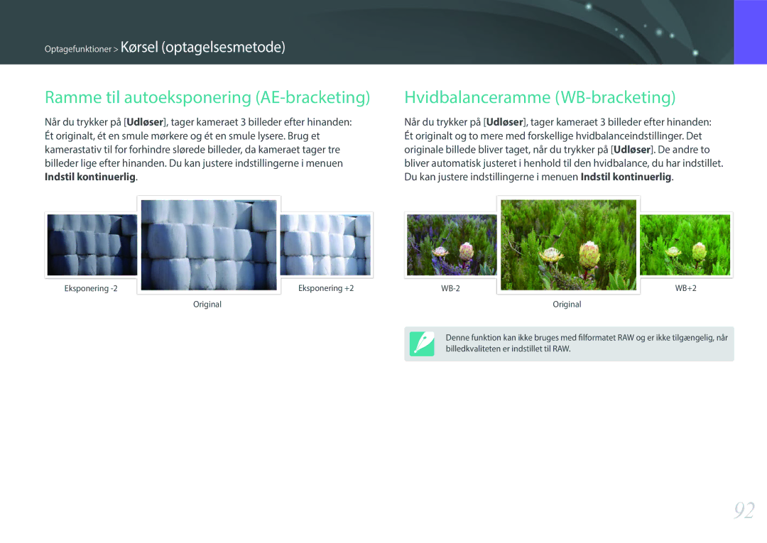 Samsung EV-NX300ZBAVSE, EV-NX300ZBFUDK manual Ramme til autoeksponering AE-bracketing, Hvidbalanceramme WB-bracketing 