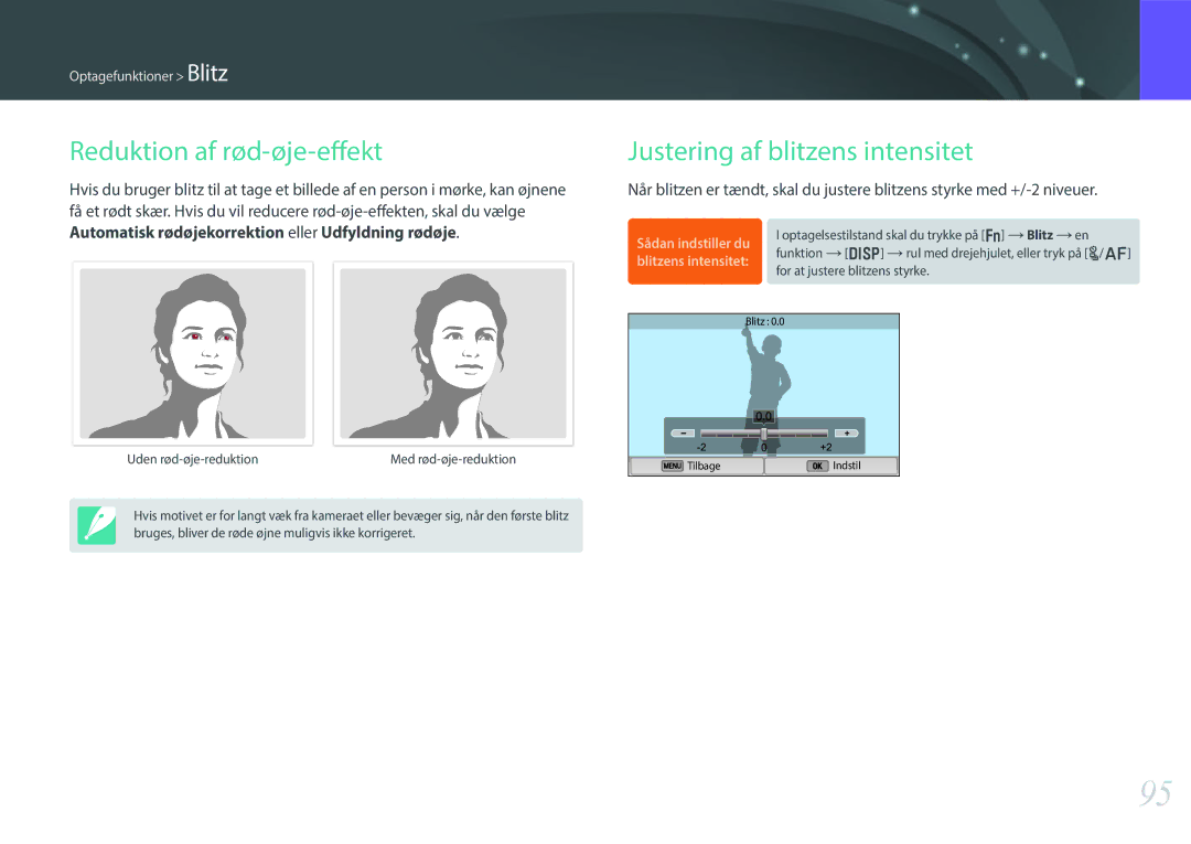 Samsung EV-NX300ZBFUDK, EV-NX300ZBAVDK, EV-NX300ZBATDK manual Reduktion af rød-øje-effekt, Justering af blitzens intensitet 