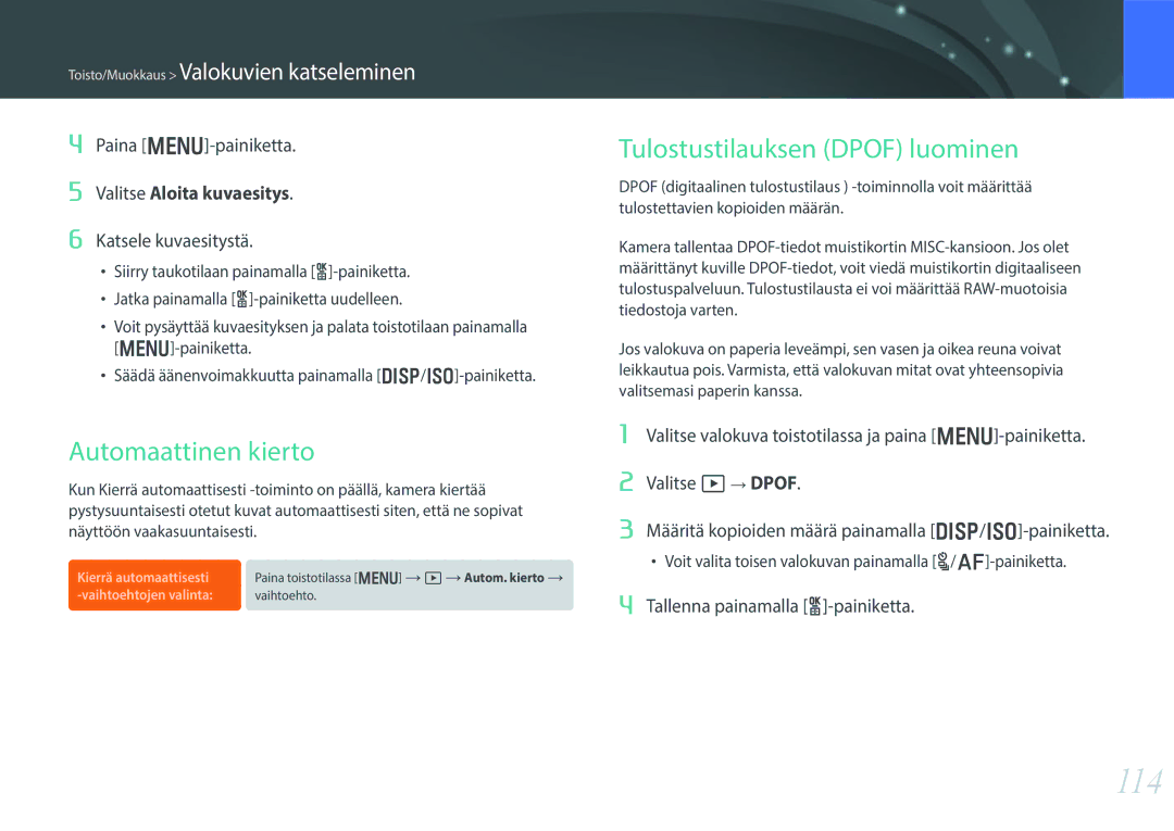 Samsung EV-NX300ZBATSE, EV-NX300ZBFUDK, EV-NX300ZBAVDK manual 114, Automaattinen kierto, Tulostustilauksen Dpof luominen 