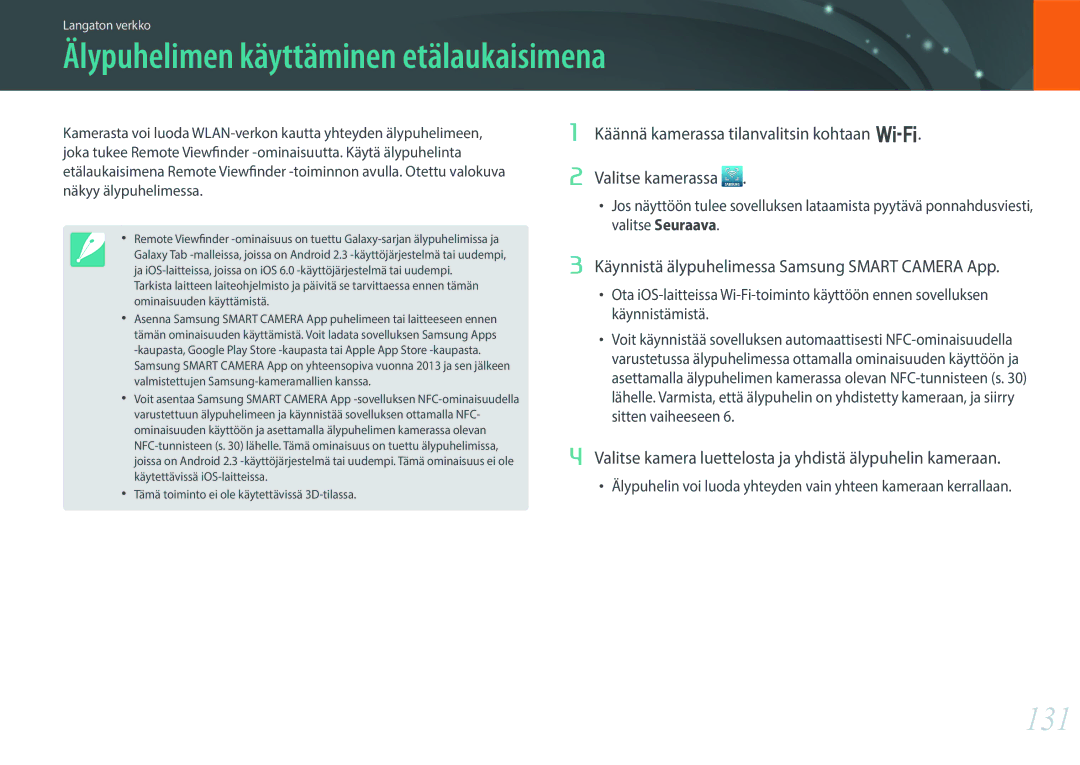 Samsung EV-NX300ZBFUDK, EV-NX300ZBAVDK, EV-NX300ZBATDK, EV-NX300ZBQUDK manual Älypuhelimen käyttäminen etälaukaisimena, 131 