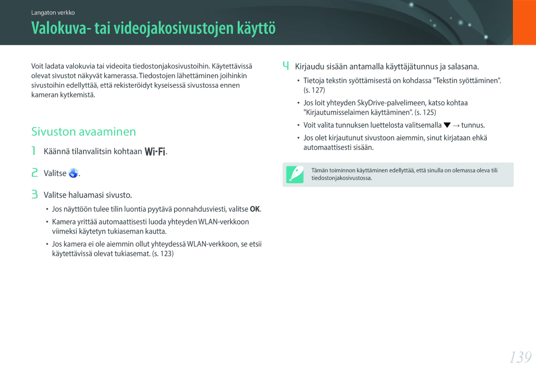 Samsung EV-NX300ZBFUSE, EV-NX300ZBFUDK manual 139, Sivuston avaaminen, Kirjaudu sisään antamalla käyttäjätunnus ja salasana 