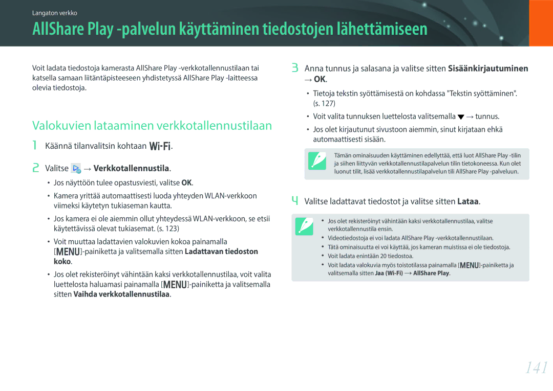 Samsung EV-NX300ZBSTSE, EV-NX300ZBFUDK manual 141, Valokuvien lataaminen verkkotallennustilaan, Verkkotallennustila 