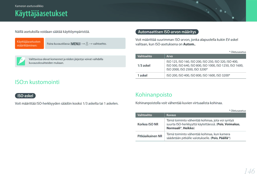 Samsung EV-NX300ZBQUDK, EV-NX300ZBFUDK, EV-NX300ZBAVDK manual Käyttäjäasetukset, 146, ISOn kustomointi, Kohinanpoisto 