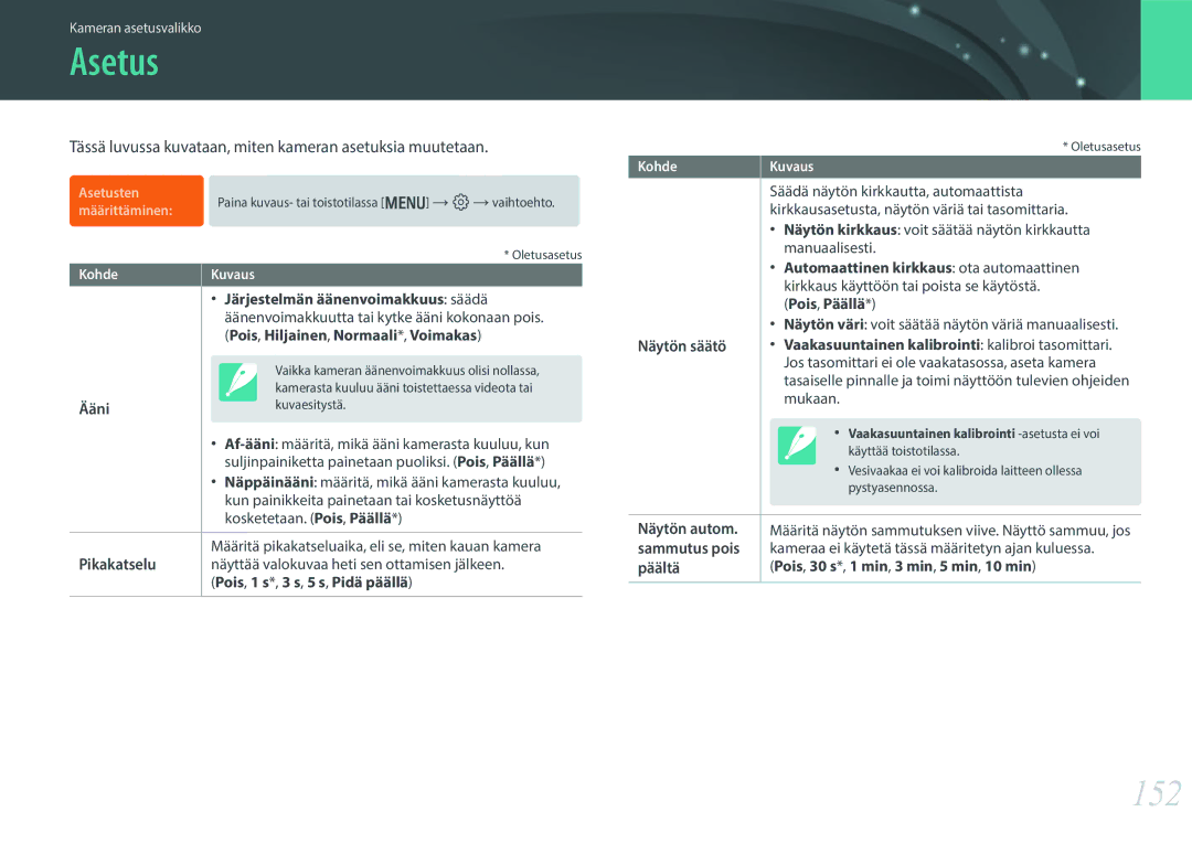 Samsung EV-NX300ZBAVSE, EV-NX300ZBFUDK manual Asetus, 152, Tässä luvussa kuvataan, miten kameran asetuksia muutetaan 