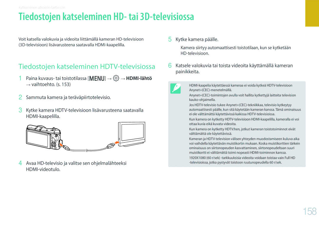 Samsung EV-NX300ZBQUDK Tiedostojen katseleminen HD- tai 3D-televisiossa, 158, Tiedostojen katseleminen HDTV-televisiossa 