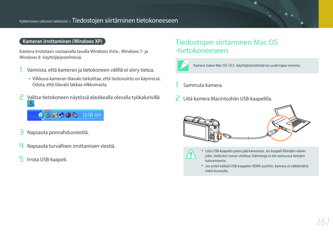 Samsung EV-NX300ZBQUSE manual 161, Tiedostojen siirtäminen Mac OS -tietokoneeseen, Kameran irrottaminen Windows XP 