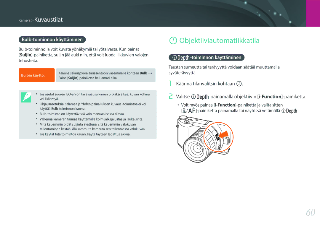 Samsung EV-NX300ZBAVDK manual Objektiiviautomatiikkatila, Bulb-toiminnon käyttäminen, Toiminnon käyttäminen, Tehosteita 