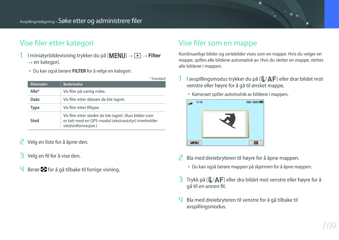 Samsung EV-NX300ZBATDK, EV-NX300ZBFUDK, EV-NX300ZBAVDK manual 109, Vise filer etter kategori, Vise filer som en mappe 