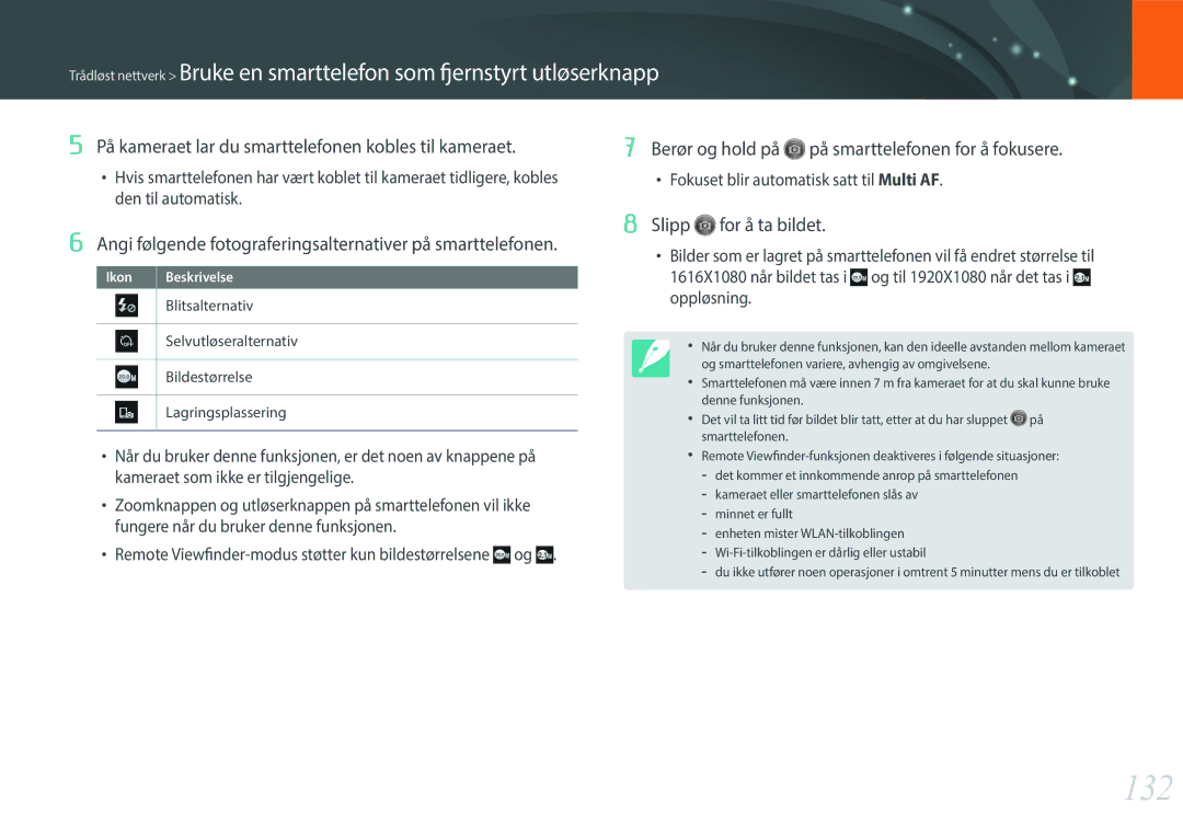 Samsung EV-NX300ZBAVDK manual 132, Angi følgende fotograferingsalternativer på smarttelefonen, Slipp for å ta bildet 