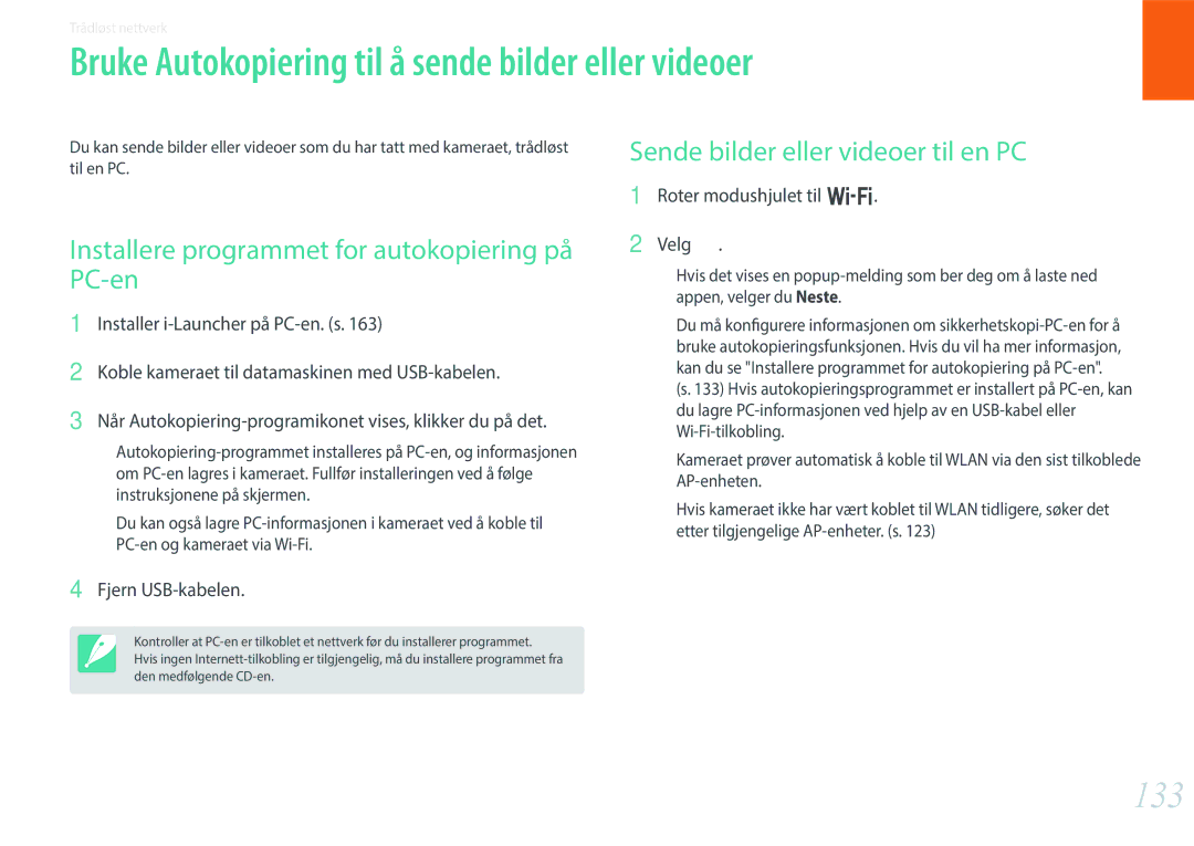 Samsung EV-NX300ZBATDK Bruke Autokopiering til å sende bilder eller videoer, 133, Sende bilder eller videoer til en PC 
